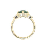 3.05ct Untreated Fantasy Cut Green Sapphire and Diamond Three Stone Antique Compass Style Low Profile Ring in 18k Yellow Gold