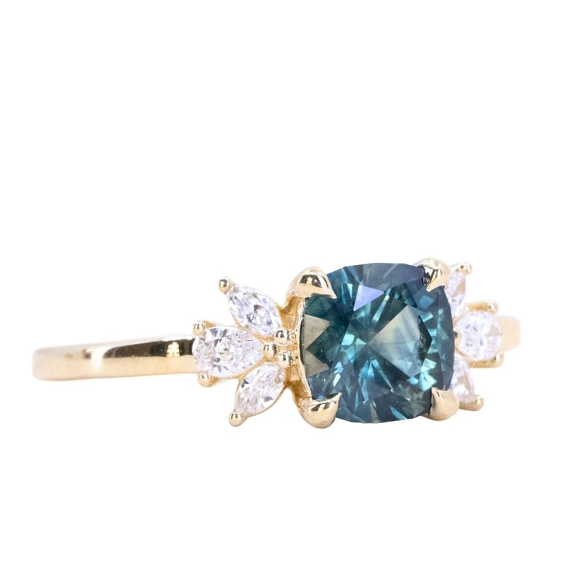 1.57ct Blue Montana Sapphire Cushion Cut and Lab Grown Marquise Diamond Cluster Ring in 14k Yellow Gold