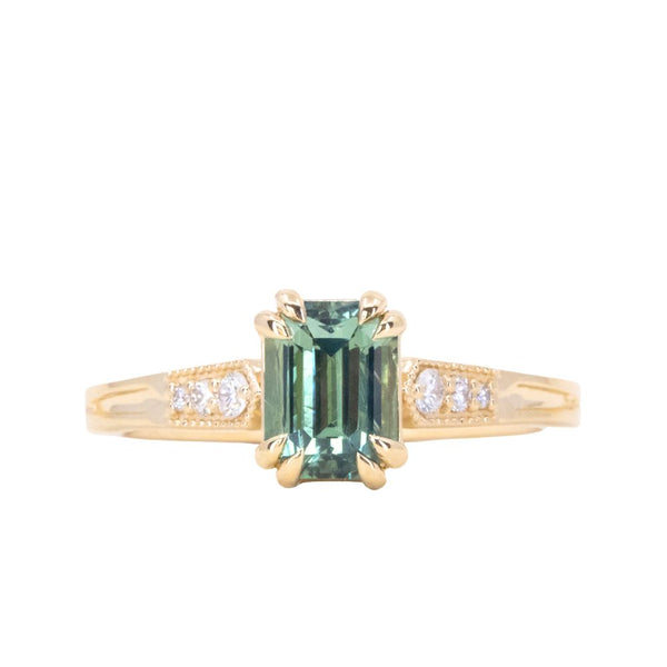 1.33ct Emerald Cut Light Aqua Blue Green Sapphire and Diamond Vintage Cathedral Double Prong Ring in 14k Yellow Gold