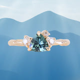 0.78ct Teal Montana Sapphire and Genuine Antique Diamond Mountainscape Ring in 14k Evergreen Carved Yellow Gold