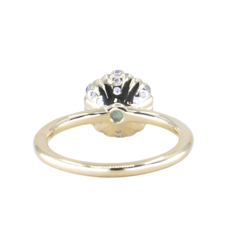 2.25ct Precision Cut Round Teal Green Montana Sapphire Scallop Cup Solitaire in 18k Yellow gold with hidden Diamonds