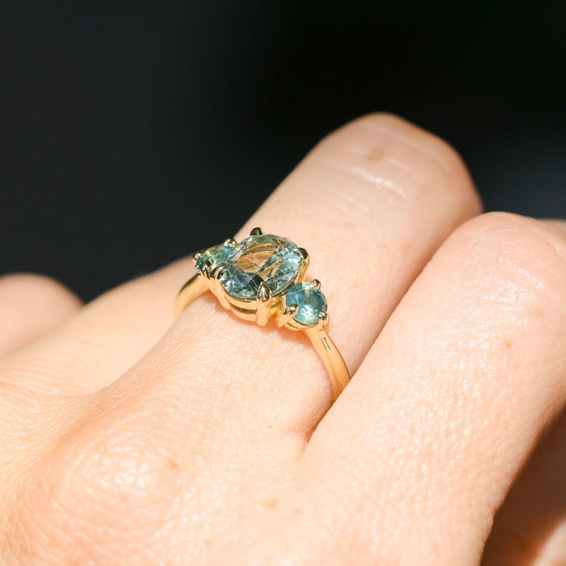 1.74ct Unheated Oval Montana Sapphire and Madagascar Sapphire Low Profile Three Stone Ring in 18k Yellow Gold