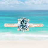 1.30ct Oval Light Teal Blue Precision Cut Montana Sapphire Evergreen Carved 4 Prong Solitaire in 14k Yellow Gold