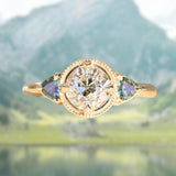 1.05ct GIA Antique Old European Cut Diamond and Trillion Madagascar Sapphire Antique Style Compass Set Low Profile Ring with Milgrain in 18k Yellow Gold