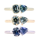 Low Profile Cushion and Trillion Sapphire Toi Et Moi Rings in 14k Green, Yellow and White Gold