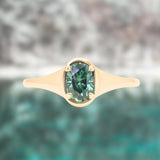 0.96ct Oval Teal Precision Cut Montana Sapphire Low Profile 4 Prong Signet Solitaire in 14k Yellow Gold