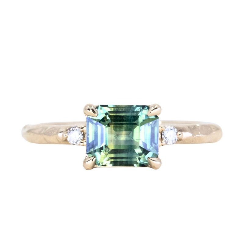 1.64ct Parti Madagascar Emerald Cut Sapphire and Diamond Low Profile Evergreen East-West Ring in 14k Yellow Gold