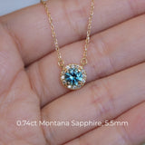 Dainty 14k Yellow Gold Montana Sapphire and Diamond Halo Necklaces