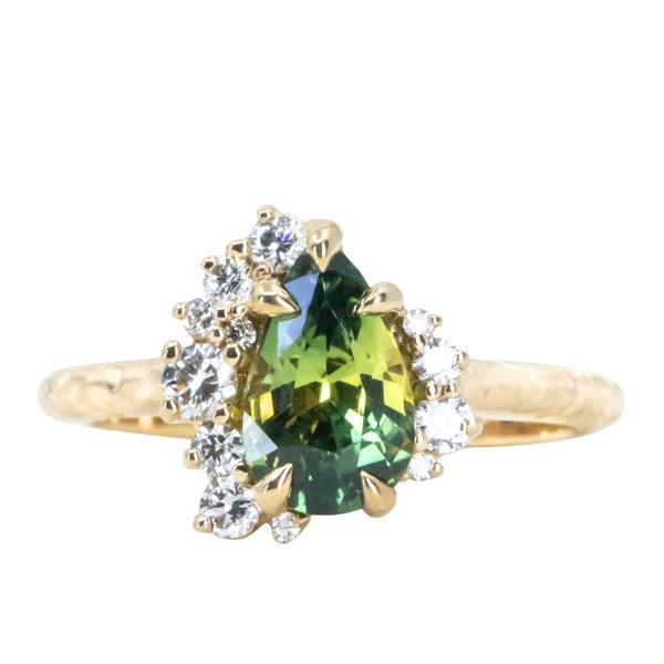 1.60ct Pear Parti Madagascar Sapphire and Diamond Asymmetrical Cluster Ring in 18k Yellow Gold