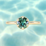 0.97ct Round Madagascar Teal Sapphire Low Profile Scallop Cup Solitaire in 14k Yellow Gold