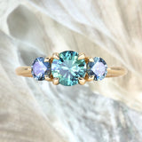 0.92ct Unheated Teal Montana Sapphire and Montana Sapphire Side Three Stone Ring in 14k Yellow Gold