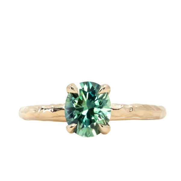 1.52ct Precision Cut Teal Green Oval Montana Sapphire Evergreen Carved Solitaire in 14k Yellow Gold
