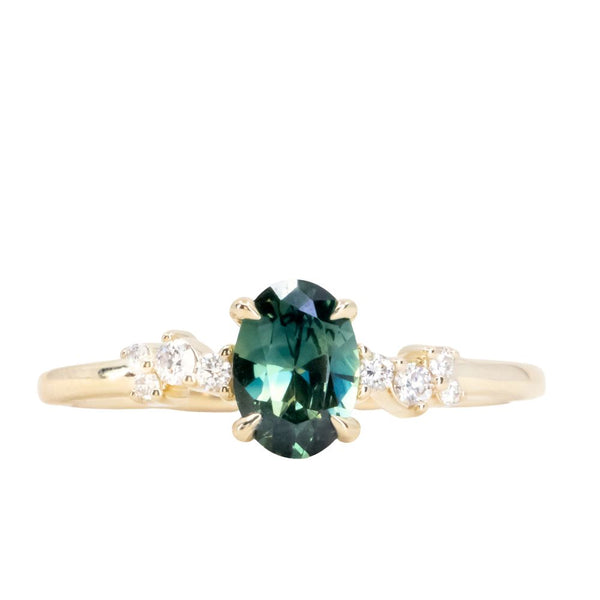 0.72ct Oval Parti Teal Sapphire and Diamond Starry Night Low Profile Solitaire in 14k Yellow Gold