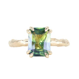 3.01ct Madagascar Parti Radiant Cut Sapphire Double Prong Evergreen Carved Stackable Solitaire in 14k Yellow Gold