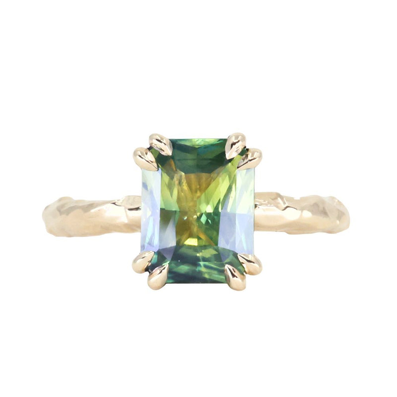 3.01ct Madagascar Parti Radiant Cut Sapphire Double Prong Evergreen Carved Stackable Solitaire in 14k Yellow Gold