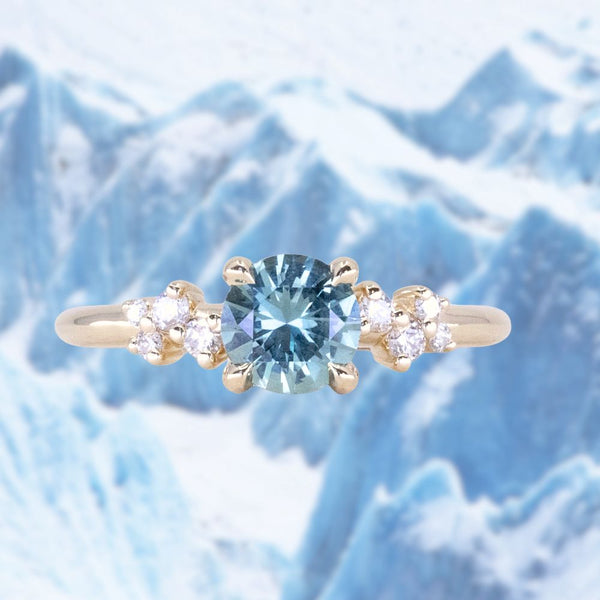 0.81ct Round Light Blue Grey Montana Sapphire and Diamond Starry Night Low Profile Solitaire in 14k Yellow Gold