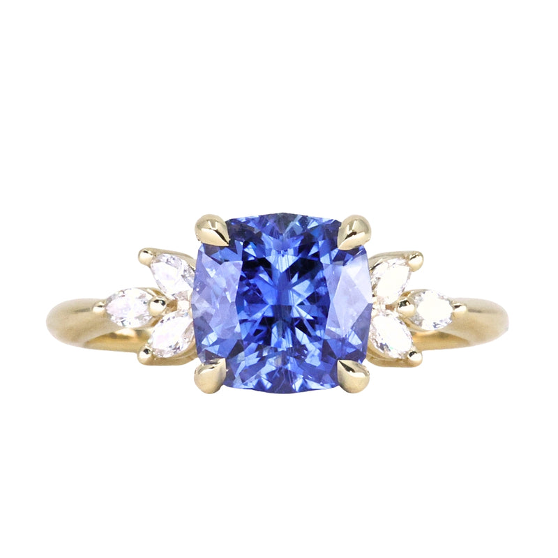 2.73ct Cushion Cut Moyo Sapphire and Marquise Diamond Cluster Ring in 18k Yellow Gold