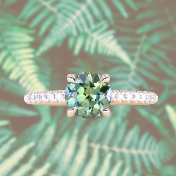1.46ct Round Parti Green and Teal Montana Sapphire and French Set Diamond Solitaire in 14K Yellow Gold