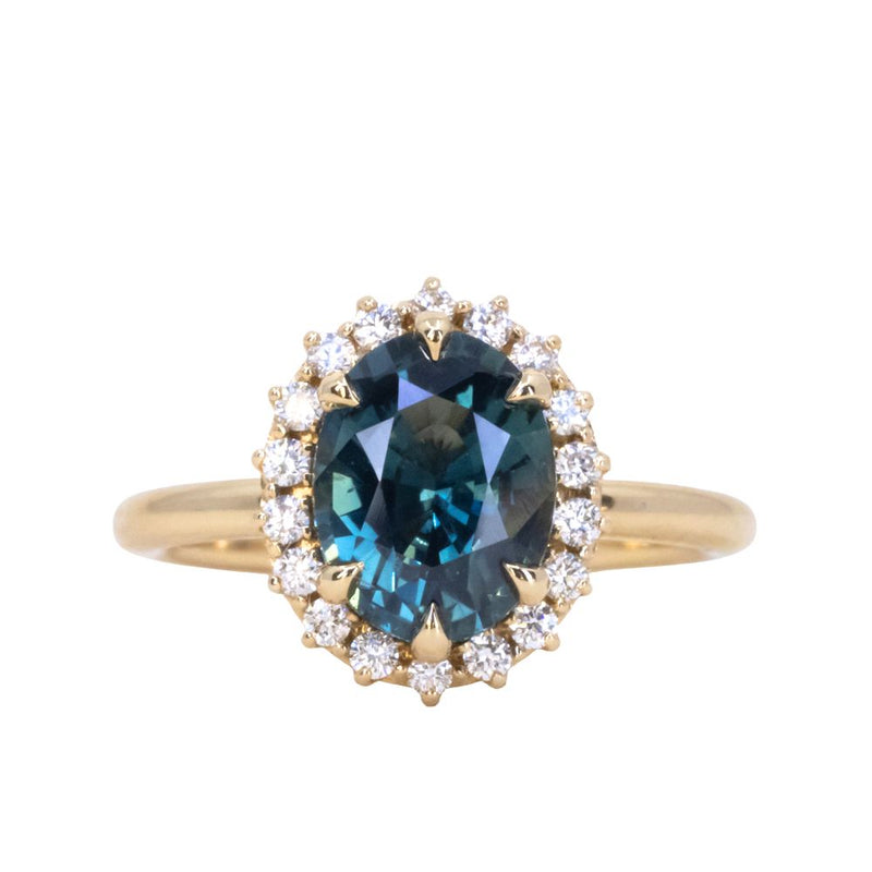 2.56ct Untreated Madagascar Oval Teal Sapphire Antique-Style Diamond Halo Ring in 18k Yellow Gold