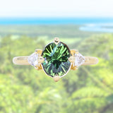 1.70ct Green Kenyan Fantasy Cut Sapphire and Diamond Antique Milgrain Three Stone Low Profile Ring in 18k Yellow Gold