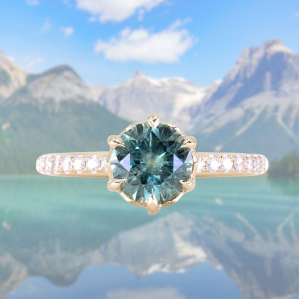 1.33ct Precision Cut Teal Round Montana Sapphire Lotus Six Prong Solitaire with Diamonds in 14k Yellow Gold