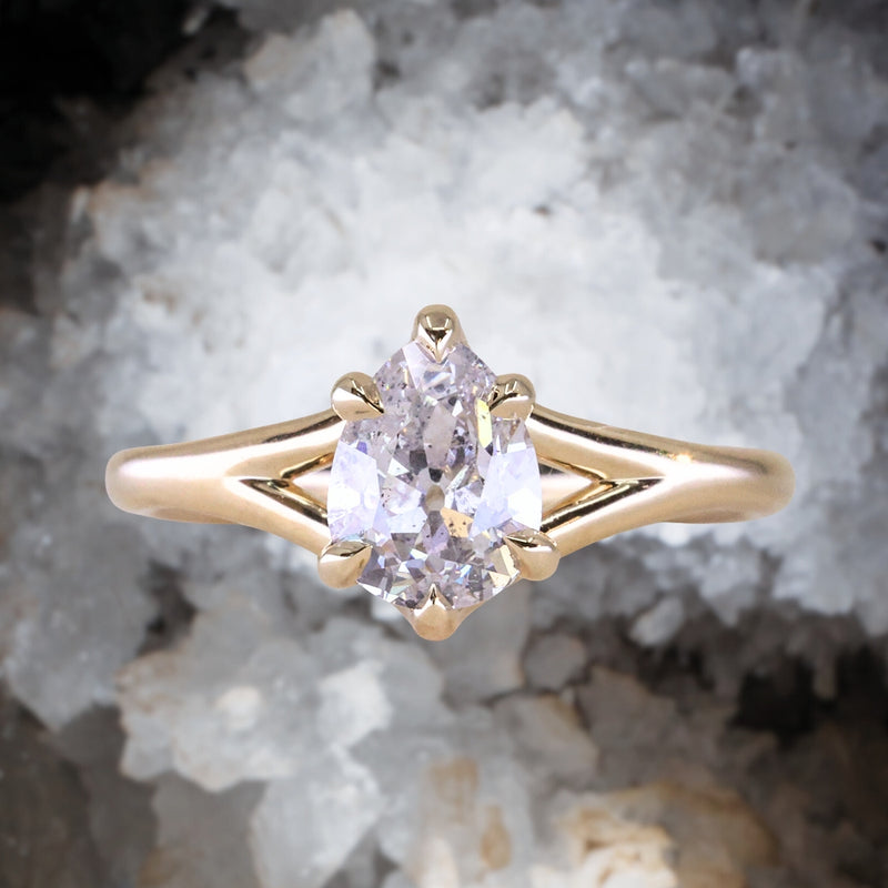 1.18ct Natural Canadian Pear Modern "Antique Cut" Diamond Low Profile Six Prong Split Shank Solitaire in 14k Yellow Gold