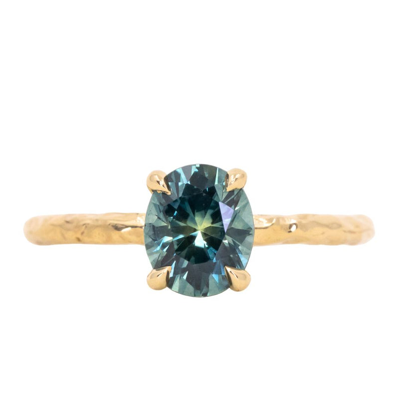 1.63ct Oval Montana Sapphire Evergreen Carved Solitaire in 18k Yellow Gold
