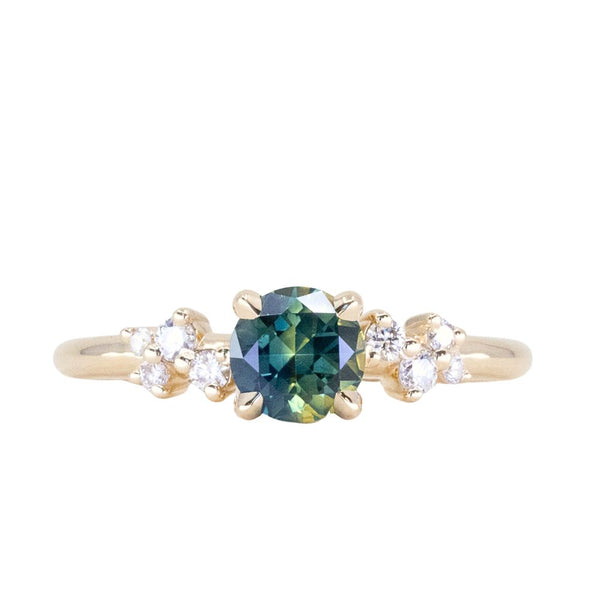 0.81ct Round Australian Green Parti Sapphire and Diamond Starry Night Low Profile Solitaire in 14k Yellow Gold