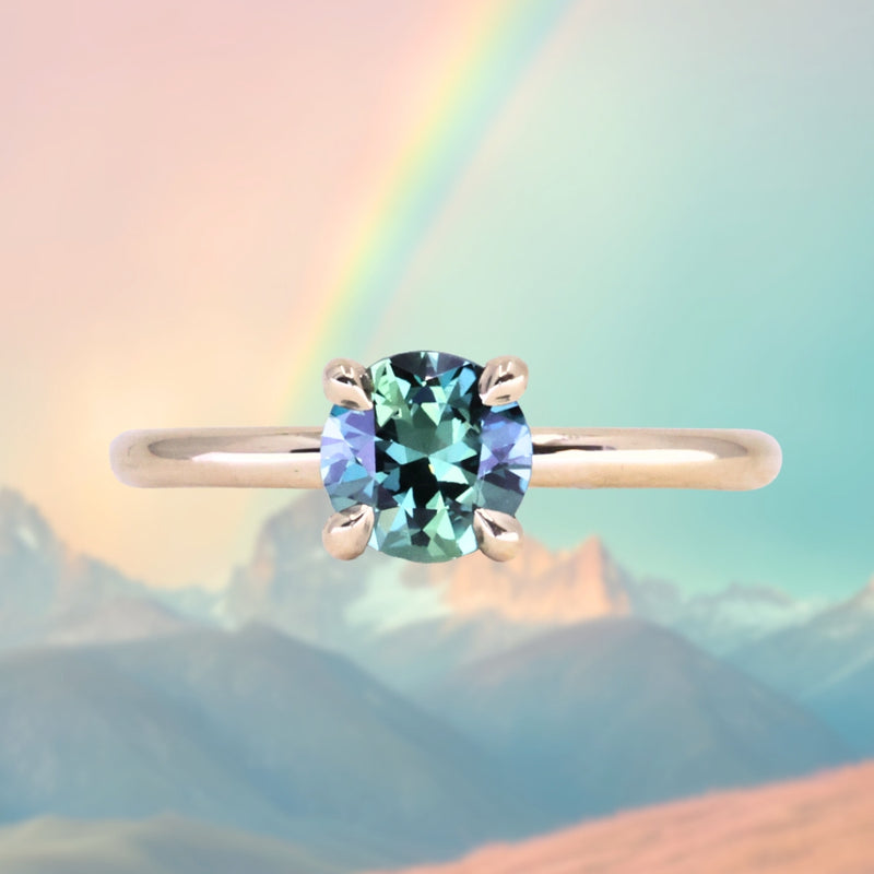 1.00ct Round Teal Madgascar Sapphire Classic Four Prong Solitaire in 14k Yellow Gold