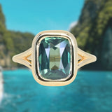 4.09ct Elongated Cushion Cut Teal Sapphire Low Profile Split Shank Bezel Ring in 14k Yellow Gold- Appraised Stone