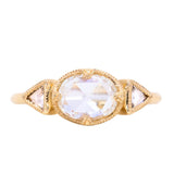 1.01ct Rosecut Three Stone Ring with Trillion Side Diamonds Compass Set Low Profile Milgrain Antique Ring in 18K Yellow Gold