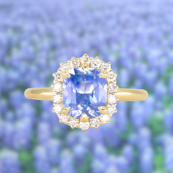 2.53ct Untreated Cushion Sri Lankan Sapphire Antique-Style Diamond Halo Ring in 18k Yellow Gold