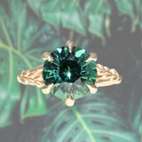 4.23ct Round Teal Green Sapphire Low Profile Wandering Vine Split Shank Six Prong Solitaire in 14k Yellow Gold