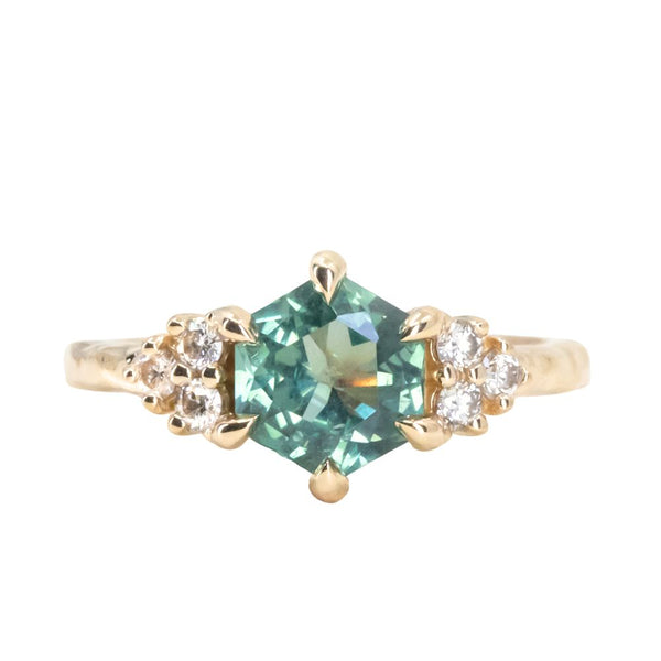 1.75CT Hexagon Teal Montana Sapphire and Diamond Cluster Evergreen Ring in 14k Yellow Gold