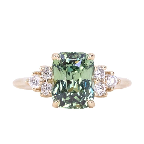 3.53ct Blue Green Untreated Radiant Cut Sapphire and Diamond Cluster Ring in 14k Yellow Gold