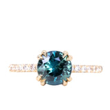 1.58ct Round Teal Sapphire Double Prong Solitaire with French Set Diamonds in 14k Yellow Gold