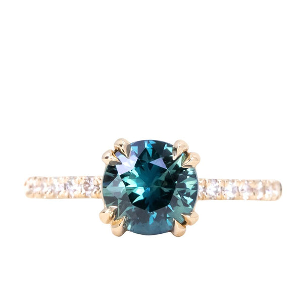 1.58ct Round Teal Sapphire Double Prong Solitaire with French Set Diamonds in 14k Yellow Gold