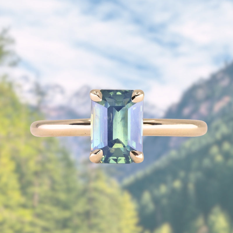 2.02ct Untreated Emerald Cut Opalescent Teal Sapphire 4 Prong Solitaire in 14k Yellow Gold