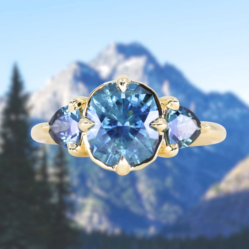 2.36ct Fancy Cushion Cut Montana Sapphire and Australian Sapphire Antique Compass Set Low Profile Ring in 18k Yellow Gold