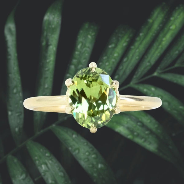 1.99ct Untreated Green Australian Oval Sapphire Lotus Solitaire in 18k Yellow Gold