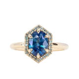 1.57ct Oval Teal Parti Sapphire and Alexandrite Hexagon Stackable Halo in 14k Yellow Gold