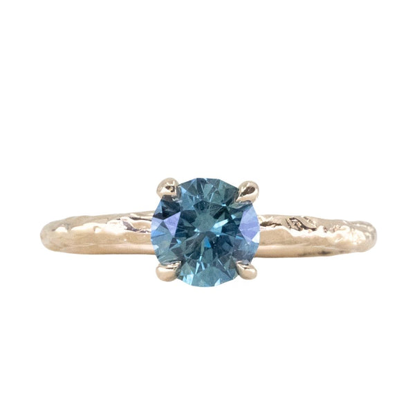 1.14ct Round Blue Precision Cut Montana Sapphire Evergreen Carved 4 Prong Solitaire in 14k Yellow Gold