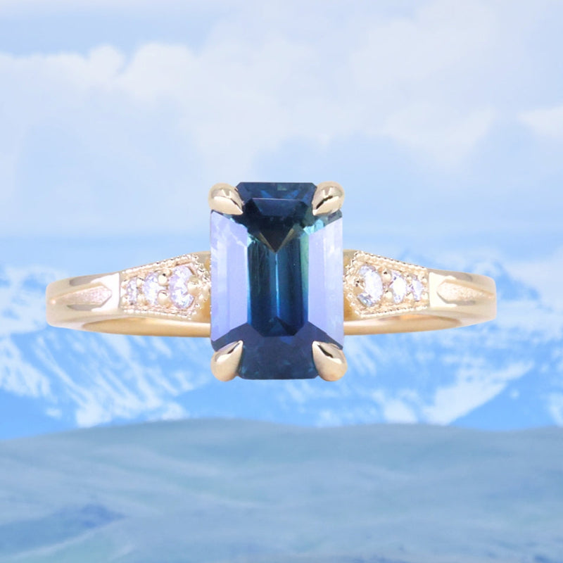 2.16ct Emerald Cut Blue Madagascar Sapphire and Diamond Vintage Cathedral Four Prong Ring in 14k Yellow Gold