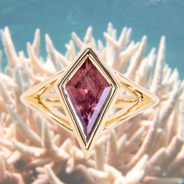 1.76ct Untreated Red Mozambique Kite Sapphire Low Profile Bezel Split Shank Solitaire Ring in 18k Yellow Gold