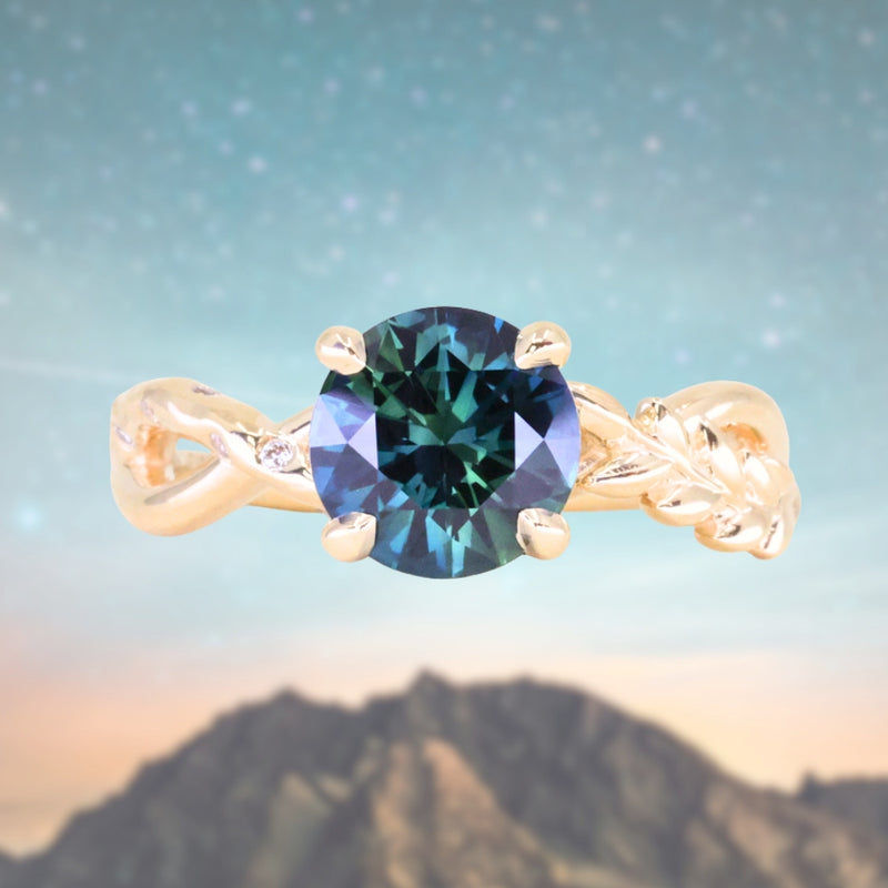 1.98ct Round Untreated Deep Parti Teal Sapphire Twisted Vine Split Shank Solitaire in 14k Yellow Gold with Diamonds