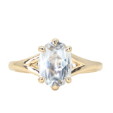 1.82ct White Oval Brilliant Sapphire Low Profile Six Prong Split Shank Solitaire in 14k Yellow Gold
