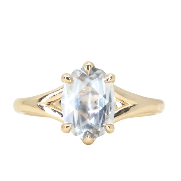 1.82ct White Oval Brilliant Sapphire Low Profile Six Prong Split Shank Solitaire in 14k Yellow Gold