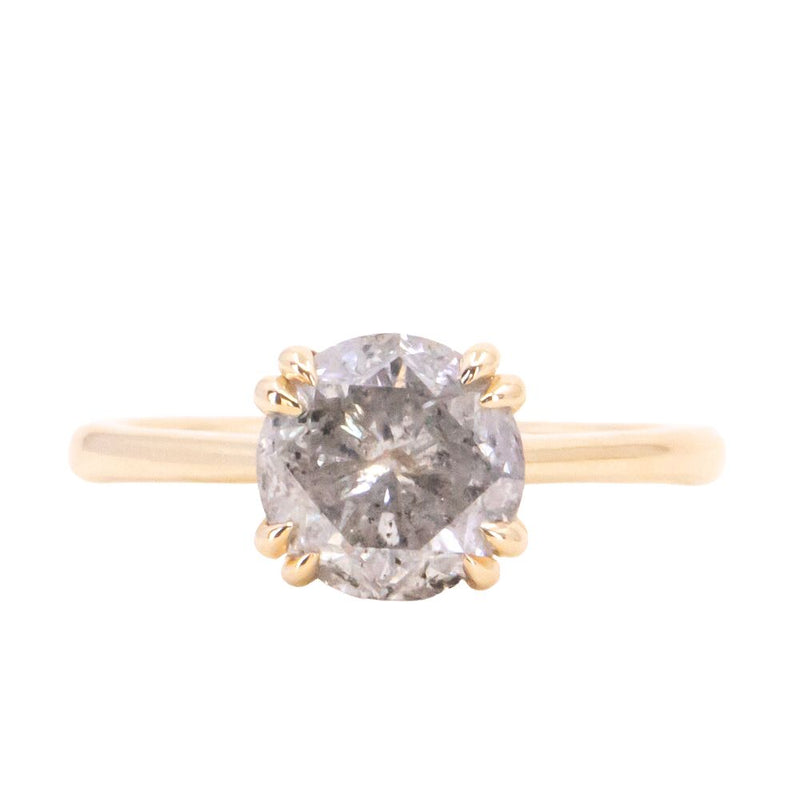 2.13ct Round Salt & Pepper Diamond Hidden Halo Evergreen Carved Solitaire Ring in 14k Yellow Gold