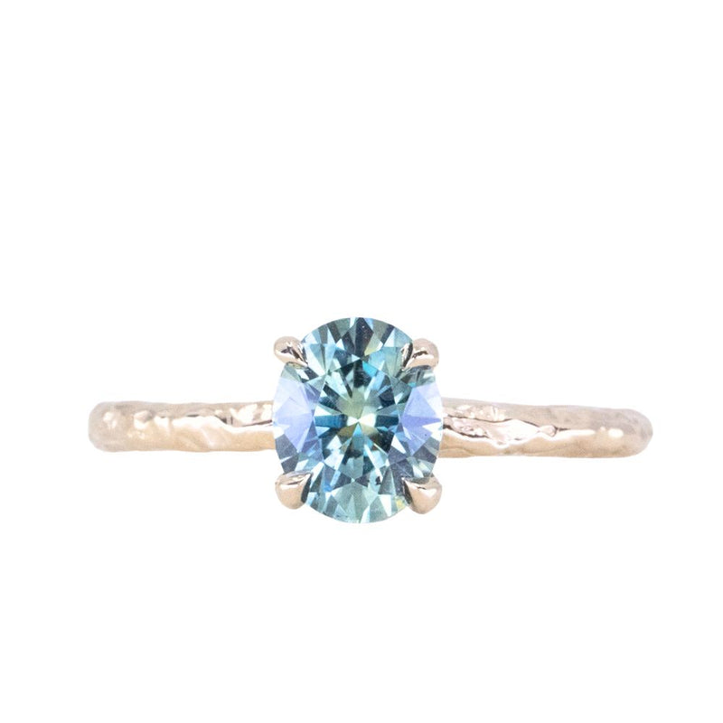 1.37ct Oval Light Teal Blue Precision Cut Montana Sapphire Evergreen Carved 4 Prong Solitaire in 14k Yellow Gold