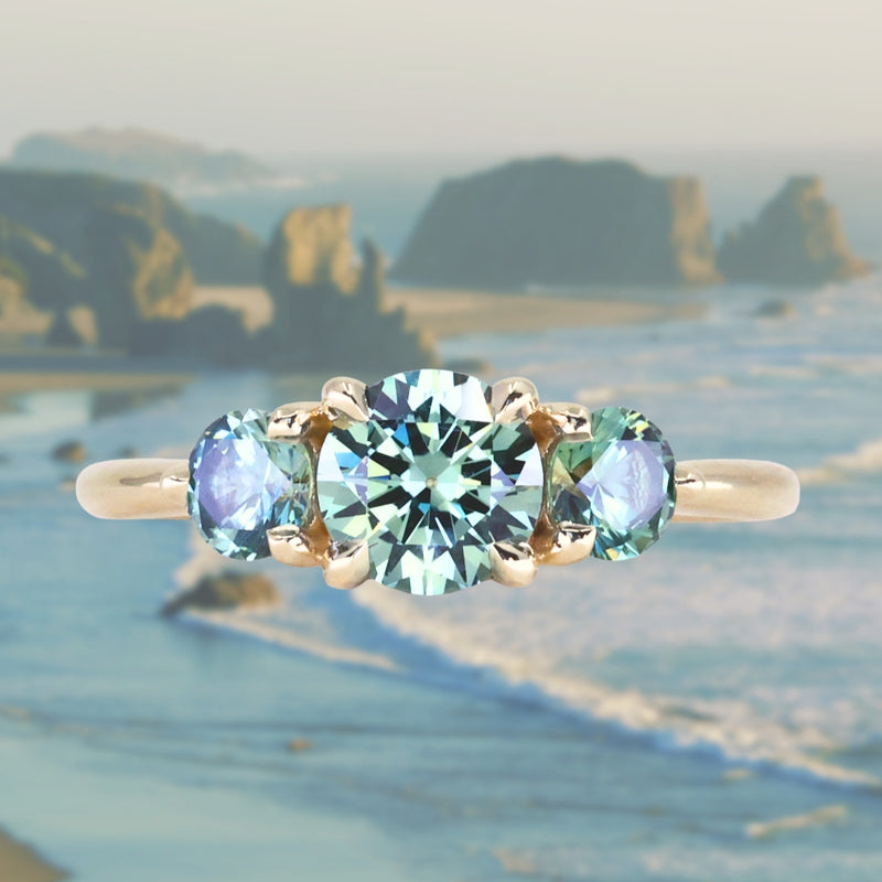 0.91ct Round Unheated Teal Green Montana Sapphire and Montana Sapphire Side Three Stone Ring in 14k Yellow Gold